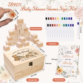 78 PCS Baby Shower Games Sign Kit for Boys Girls, Wooden Box and Sign, Blank Wooden Blocks for DIY Drawing, Markers, Baby Shower Game for Gender Reveal Activity, Baby Shower Ideas Decorations, Bear B