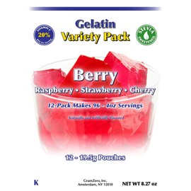 GramZero Berry Variety (Raspberry, Strawberry, Cherry) Sugar Free Gelatin Mix 12-Pack, Zero Carb Dessert, Stevia Sweetened
