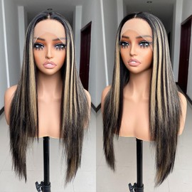 X-Tress Blonde Highlight Straight Lace Front Wig 13x4x1 T Part Lace Synthetic Wig for Women Wear and Go Wig with Baby Hairline Long Middle Part Wig(Blonde Highlight)