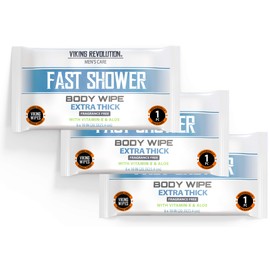 Viking Revolution Body Wipes for Men - Gym Wipes, Shower Wipes - Disposable and Eco-Friendly - Unscented Wet Wipes with Vitamin E and Aloe - 12 Individually Wrapped Wipes