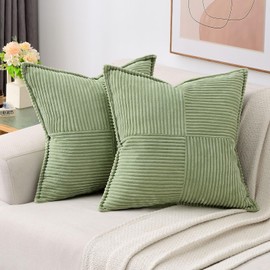 HAUSSY Sage Green Throw Pillow Covers 18x18 Inch Set of 2,Soft Solid Corduroy Striped/Wide Bordered,Square Decorative Cushion Case,Winter Home Decorations for Couch,Bed
