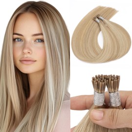 Kun Na I Tip Hair Extensions 60 Strands 45g/pack Pre Bonded Stick Tip Keratin Real Remy Human Hair Extension Ash Blonde Mix Bleached Blonde Straight 16 inch