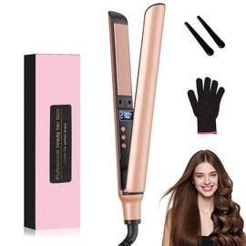 NICLY Plancha de Cabello 2 En 1, Plancha Profesional de Cerámica para Rizar y Alisar el Pelo, Calentamiento Rápido con 12 Temperatura Adjustable y Pantalla LED, Alisador y Rizador con Guante y 2 Clips para Casa y Salón