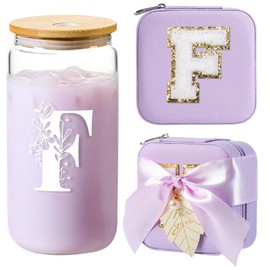 AYGXU Bridesmaid proposal gifts,Travel Initial Jewelry Box for Girls,Travel Jewelry Case,Initial Glass Cup,Cute Tumbler Cup,Small Jewelry Organizer for Teen Girls Gifts,Initial F purple