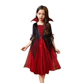 UPENC Vampire, Halloween Costume, Children, Witch, Devil, Dracula, Cute, Popular, Dress, Cosplay, Kids, Girls, Short Sleeve, Party Events, Standing Collar, Staging Clothing, Includes Tattoo Stickers,