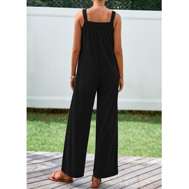 KIRUNDO Summer One Piece Jumpsuits For Women 2025 Casual Loose Button Sleeveless Romper Knit Wide Leg Overalls With Pockets(Black, Medium)