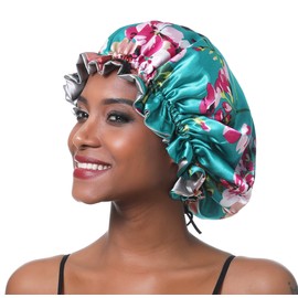 Satin Sleep Cap Women's Adjustable Double Layers Satin Bonnet Silk Night Cap Satin Bonnet Night Cap for Hair Loss Curly Long Hair Adjustable, Green Flower