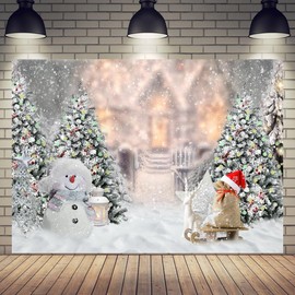 Aisnyho Winter Christmas Backdrop Snowman Pine Tree Snowflake Xmas Backdrops Background for Photography Family Party Decorations New Year Banner (7x5FT)