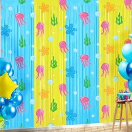 Namalu 2 Pack Sponge Birthday Party Decorations Cartoon Fringe Curtains Backdrop Yellow Blue Photo Booth Props for Ocean Theme Birthday Decorations Holiday Celebration Party Supplies