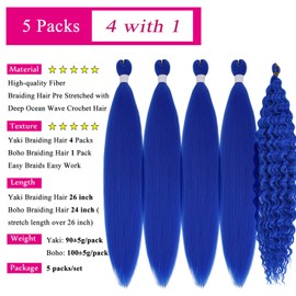 Blue Braiding Hair Pre stretched Micro Ocean Deep Wave Crochet Hair Curly Bohemian Ocean Wave Wavy Braiding Hair Extensions for Knotless Boho Box Braids (5 Packs)