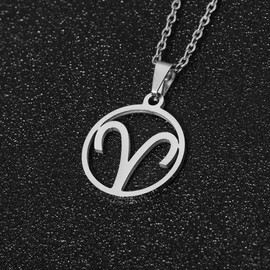 Silver Star Sign Circle Pendant Chain Necklace - Aries (21st March - 19th April) - Zodiac Constellation Horoscope Celestial Astrology Jewellery - Women Men Gift