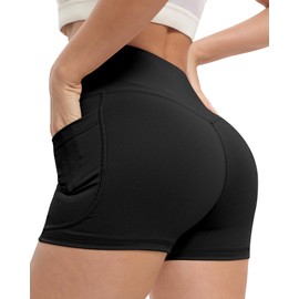 NORMOV 4 Packs Spandex Shorts for Women with Pockets, 3'' High Waisted Tummy Control Booty Yoga Shorts(4Black,XL)