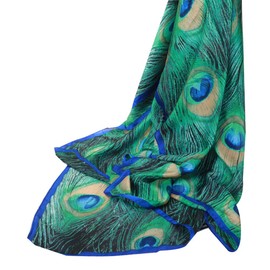 ZGMYC Women Silk Peacock Feather Print Scarf Pashmina Long Oversized Wrap Shawl Headscarf