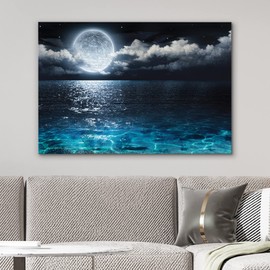 B2T NWT Canvas Print Wall Art Full Moon in Clouds Over Dark Teal Sea Nature Wilderness Photography Modern Art Rustic Scenic Colorful Multicolor Ultra for Living Room, Bedroom, Office - 16"x24"