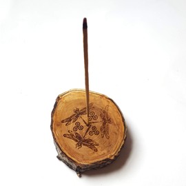 Celtic Dragonfly Tree Slice Incense Holder, Wooden Incense Stick Burner, Ash Catcher