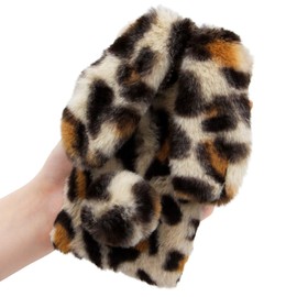 LCHDA Rabbit Case for Moto G Stylus 5G 2025, Cute 3D Bunny Ears Soft Furry Hairball Fuzzy Winter Warm Faux Fur Plush Fluffy TPU Bumper Women Girl Protective Cover - Leopard Beige