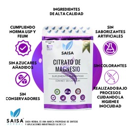 Citrato De Magnesio Puro Con 120 Cpsulas De 500 Mg Cu. en bolsa  Suplemento Alimenticio  Alta Biodisponibilidad  Sin Sabor Saisa Herbal  Apoyo Del... 