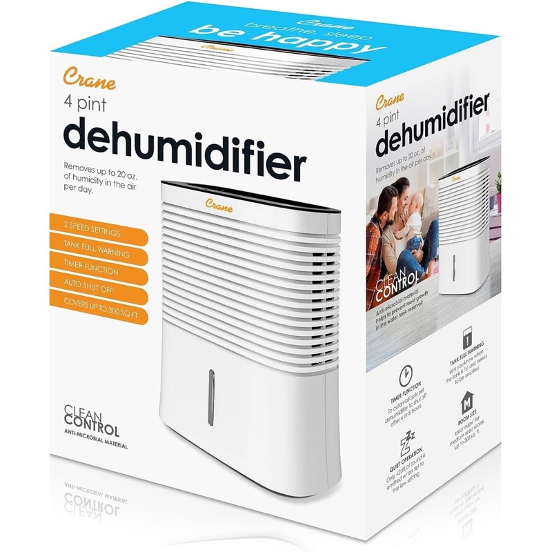 Crane Compact Dehumidifier for 300 Sq Ft Rooms, 0.5 Gallon