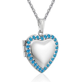 YOUFENG Love Heart Locket Necklace Holds Pictures Paved Blue Red White CZ Rose Gold Charm Living Memory Lockets (Blue CZ Locket)