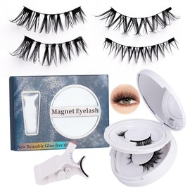 2025 Upgraded Magnetic Eyelashes, Flygragon Lighter 5D Fluffy Eyelashes Magnetic Lashes Natural Look with 2 Pairs, No Glue Reusable Artificial Fiber Magnets False Eyelashes Kit with Curler, KS01-8
