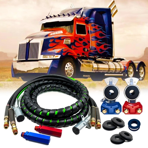 Sowneru 15 Ft 3-in-1 Wrap Heavy Duty 7 Way Truck Tractor Trailer Rig Electric Cable Wrap Cord ABS & Air Line Hose Assembly with Aluminum Emergency Glad Hands and Anodized Glad Handle Grips