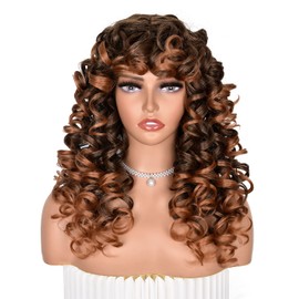 ANNISOUL Ombre Brown Curly Wigs for Black Women Long Curly Afro Wig with Bangs for Women Big Bouncy Fluffy Synthetic Fiber Glueless Hair for Cosplay and Daily