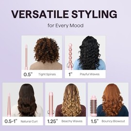 Wavytalk 5 in 1 Curling Iron,Curling Wand Set with Curling Brush and 4 Interchangeable Ceramic Curling Wand(0.5”-1.25”),Instant Heat Up,Include Heat P