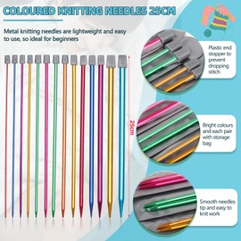 Aeelike Knitting Needles Set 25cm, Coloured Metal Knitting Needles All Sizes 2mm-10mm Knitting Needles UK, 14 Pairs Single Point Short Aluminium Knitting Needles Set for Beginners Kids Arthritic Hands