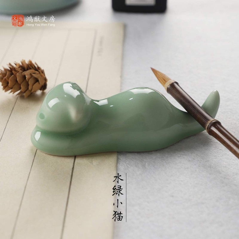 Isshinsai Brush Holder Cat Paperweight Celadon Pottery - Gift for