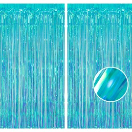 Fringe Foil Curtain, 2 Pack Metallic Curtains Fringe, BRAVESHINE Gold & Blue Metallic Tinsel Curtains, Iridescent Fringe Foil Curtain For Party Prom Birthday Favors-1x2m