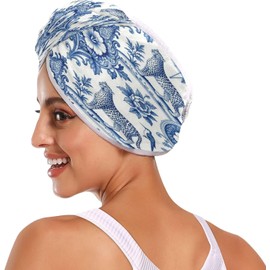 Toallas de pelo micro con botón adecuadas para todo tipo de pelos, toallas de leopardo azul francés para toalla de cabello húmedo para el cabello, paquete de 2
