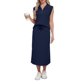 Lepunuo Skirt Sets Women 2 Piece Outfits Half Zip Lapel Tops Split Midi Skirts with Pockets Teacher Outfit Lounge Set