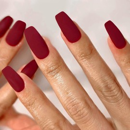 Matte Wine Red Press On Nails Medium Long Square, Medium Coffin Nails Acrylic Nails Press ons Glue on Nails Medium Length, Solid Color Fake Nails for Women Thick Artificial Nails Stick on