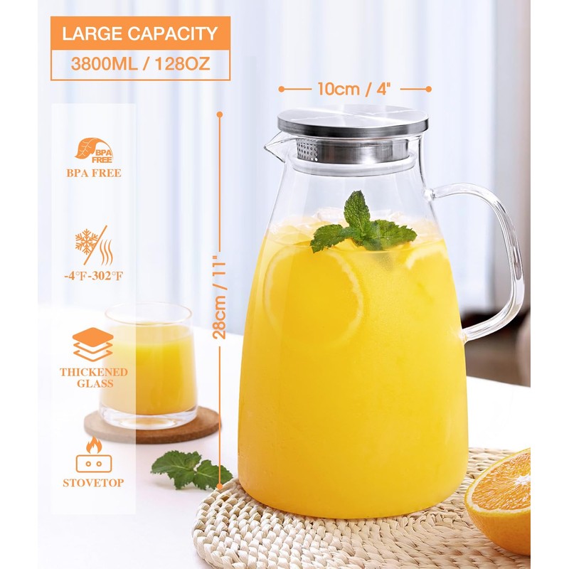 Potdoctor Glass Pitcher with Lid, 1 Gallon 128oz Water Pitcher