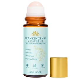Frankincense and Castor Oil Rose Quartz Roller – Organic Cold-Pressed Castor Oil Frankincense Roller Ball with Rose Quartz for Face & Neck, Firms Skin Feel Soft Smooth & Brightens Eyes, 1.7 fl oz
