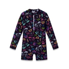Dvenki Cute Girls Long Sleeve Rash Guard Swimsuit with Zipper Front One Piece Unicorn Bathing Suit for Toddler Size 5/6