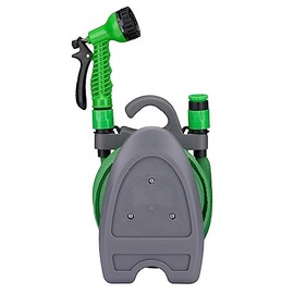 Kinzo Manguera de jardín flexible de 10 m, incluye accesorio y soporte de pared, manguera de jardín con cabezal pulverizador con 7 modos de pulverización, plástico, color verde y gris