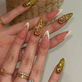 3D Rose Flower Press on Nails 24Pcs Stars Press ons Fingernails Curve Line Gel Glue on Acrylic Fake Nails Glossy Gold Medium Almond False Nail French Tips Stick on Nail for Holiday Manicure Art