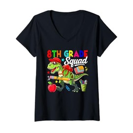 Womens 8th Grade Squad Back To School T-rex Sunglasses Students V-Neck T-Shirt