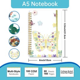 Mlife A5 Lined Spiral Bound Notebook,160Pages,100g/m²Journals,8.5 "X 6" Notepad Ring Binder,Notebooks with Pockets,Elastic for Adult Diary&Bullet Journal(Butterfly)