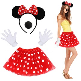 Hillylolly Mouse Costume, Women's Mouse Costume, Children's Costumes Girls Minnie Mouse, Tutu Red with White Dots, Headband with Mouse Ears, Gloves, Nose, for Carnival Theme, Cosplay Party