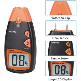 Wood Moisture Meter, MD-812 Digital Moisture Tester- Wood Moisture Detector for Firewoods 2-Pin Sensor(Range 5% - 40% RH; Accuracy: 1%)