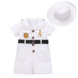 Wild One Birthday Outfit Girl Short Sleeve Khaki Safari Jumpsuit with Safari Hat Baby Boy Safari Outfit Zookeeper Outfit Jungle Safari Photo Shoot Outfits White 2-3 Years