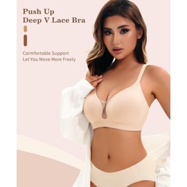DOCUMO Bra for Women Wireless Bra Push Up Bra No Underwire Seamless Bra with Support and Lift Mesh Deep V Neck Bralettes(Nude,Small)