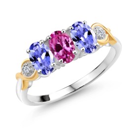 Gem Stone King 1.42 Ct Pink Created Sapphire Blue Tanzanite 925 Silver and 10K Yellow Gold G-H Lab Grown Diamond Women Ring (Size 9)