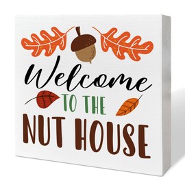 RJYMK Fall Welcome Table Wooden Box Sign Decor, Welcome to The Nut House, Autumn Table Decor Fall Farmhouse Tabletop Decorations for Home Harvest Thanksgiving Rustic 5" x 5" Square Wood Sign
