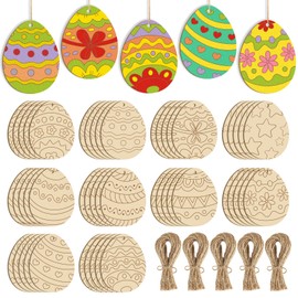 Hinsly Pack of 50 Easter Eggs Wooden Pendants Easter Decoration Easter Crafts Children Unfinished Easter Eggs for Hanging Easter Decoration Wood
