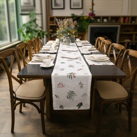 Table Runner in Pure Linen with Hand-Drawn Watercolor Festive Holiday Easter Design, Available in 36, 60, 90, 120, and 144 Inches for Holiday Tablesetting, Machine Washable (14" x 60", Floral)