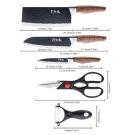 5 PCS kitchen Chef Knife Set, include 7 inch cleaver, 7 inch Santoku, 4.5 inch utility knife, Kitchen Scissors and Peeler