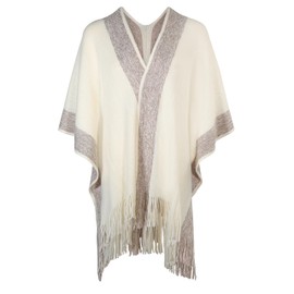 ZLYC Women's Shawl Golden Trim Knit Blanket Wrap Fringe Poncho Coat Cardigan,Plain Cream White